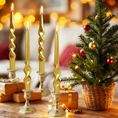 Christmas Spiral Candles Metallic Goldd Taper Candles -10 in Unscented Candlestick for Winter Gift Holiday Christmas Home Decoration Candles, 4 Pack