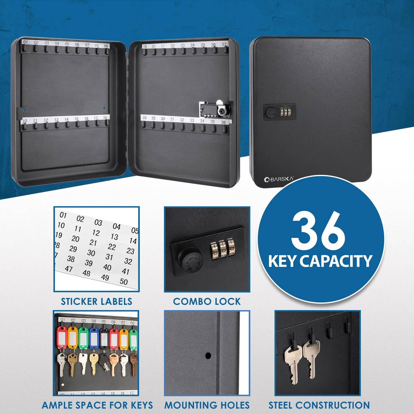 Barska Wall Mount Key Cabinet with Combination Code – Steel Locking Key Organizer Box for Home, Office, Business, Rental Property, and Commercial Use