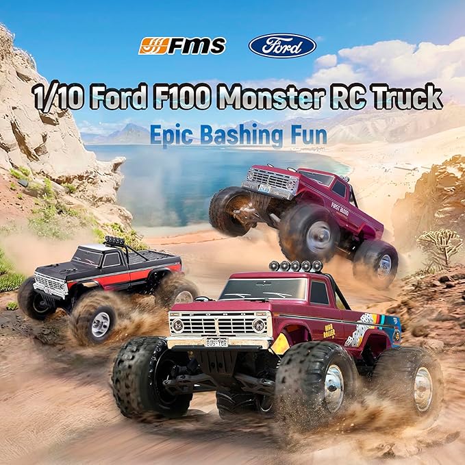 BEEZRC FMS RC Rruck 1/10 Ford F-100 Officially Licensed Monster Truck 2WD High Speed Off-RoadRC Rock CrawlerHobby Grade RC Climbing Car Remote Control Car for Adults RTR (Black)