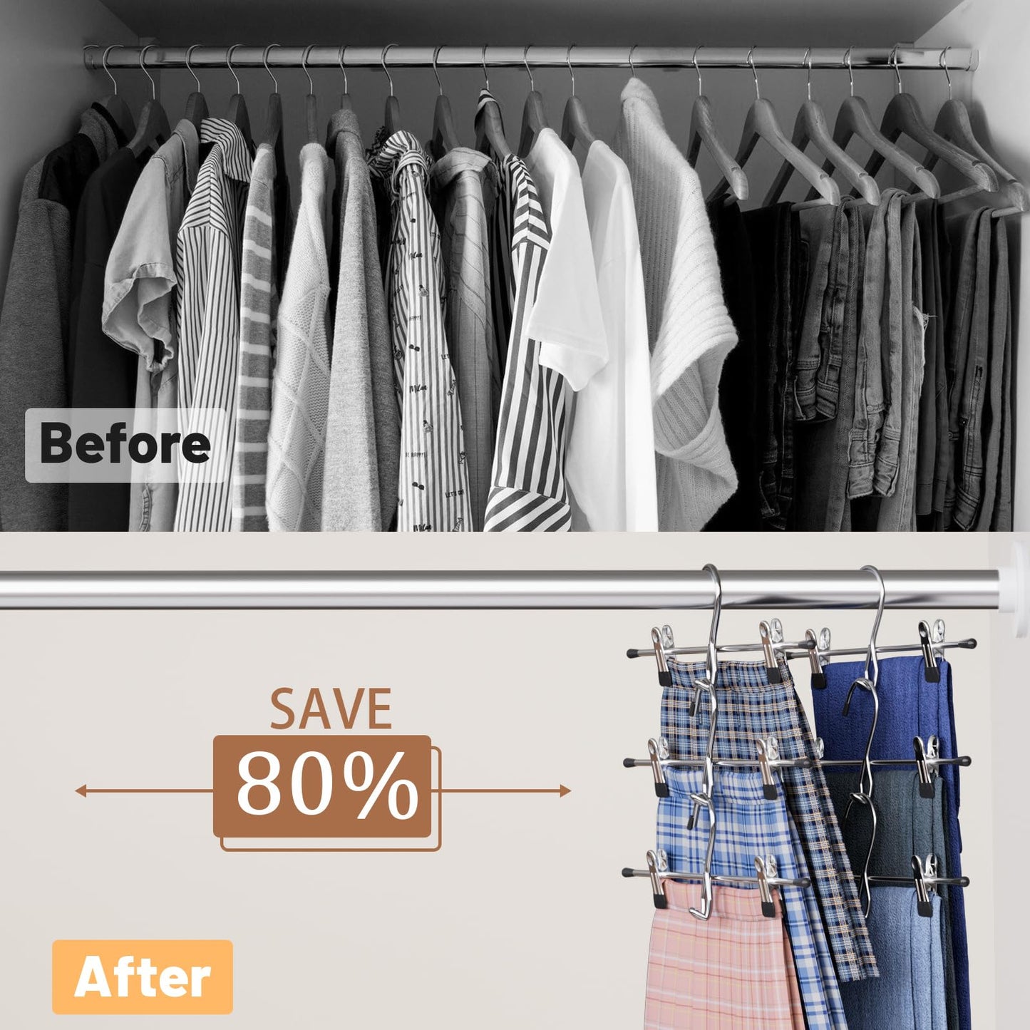Pants Hangers Space Saving,Stackable Skirt Hangers with Clips, Hanging Closet Organizer and Storage,Clothes Hangers, College Dorm Essentials Apartment Essentials- 8 Pack