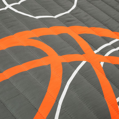 Lush Decor Basketball Game Reversible Quilt Twin Size 4 Piece Set, Charcoal - Kids Bedding Set - Twin Size Quilt - Sports Décor