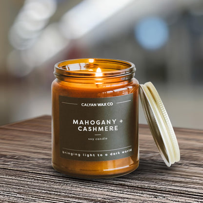 Calyan Wax Co. Mahogany & Cashmere Scented Candle - 57 Hour Burn - Luxury Clean Soy Wax Candles - Long Lasting Amber Glass Jar Candle for Home - 7.2oz