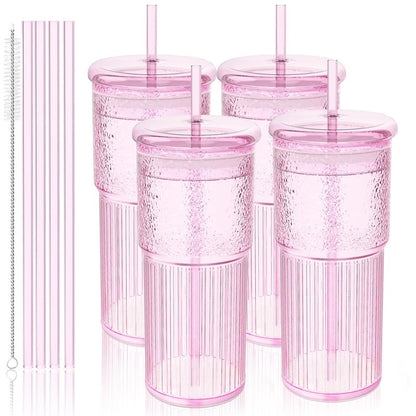 Luiaiog 20oz Glass Cups with Lids and Straws - Set of 4 Reusable Tumblers, Thickened Shatter-Resistant Glass, Ideal for Iced Coffee, Smoothies, Cocktails, Juices - Elegant & Durable Drinkware (Pink)