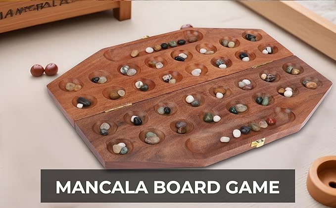 Ajuny Wooden Mancala Board Game Set – Classic Board Games Portable Folding Travel Mancala Board with Marbles (96 Stones) Ideal Family Wooden Games for Adults &amp Kids