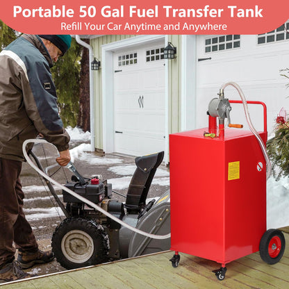 Garvee 50 gal Fuel Caddy with Manual Pump – Heavy Duty Gasoline & Diesel Transfer Tank On 4 Wheels, Spill-Proof Portable Fuel Container for Boat, Truck, Lawn Mower, ATV, Garage & Farm – Red