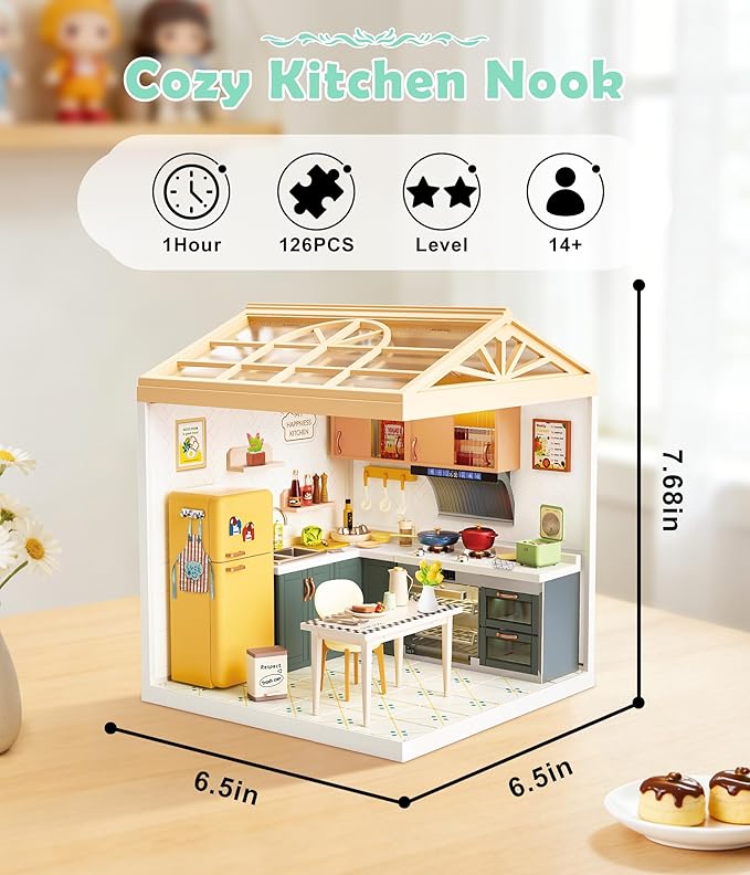 DIY Miniature Kitchen Dollhouse Kit with LED Light Dust-Proof Door &amp Roof - Cozy Home Cooking Room Creative Building Set for Adults &amp Teens - Immersive Craft Kit for Handmade Decor &amp Gift