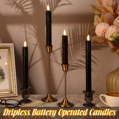 Macarrie 24 Pcs Black Flameless Taper Candles LED Battery Operated 6.5'', 7.7'', 8.8'', 10'' 3D Flickering Flame Candlesticks Drip Wax Shaped Candle for Wedding Anniversary Party Decoration