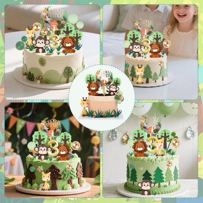 3st Birthday Safari Cake Toppers Set - 3D Lion, Monkey, Giraffe with Number 3 Candle, 8 Grass, Trees & Balls - 21PCS Jungle Animal Cake Decorations Kit for Boys Girls 3 Year Old Party (3st)