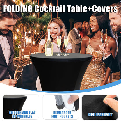 THESEATOP 2Sets 32in Hightop Folding Cocktail Tables+Covers-Spandex Stretch Folding Tall Bar Table Covers, Detachable Legs Bar Height Folding Table Outdoor Indoor Use (Black/2 Tables+2 Covers)