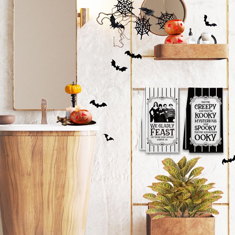 Cheroloven Halloween Kitchen Towels, Funny Addams Family Hand Towels, 2 Pack Gothic Dish Towels， Spooky Home Bathroom Decor Party Favors, Addams Family Merch Gifts for Women Men
