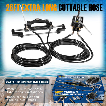 𝐔𝐩𝐠𝐫𝐚𝐝𝐞 200HP Hydraulic Outboard Steering Kit Boat Marine System with Electroplated Steering Wheel, Helm Pump, Hydraulic Cylinder, 26ft PU Hoses, Fit for Most Single Outboard-Powered Boats