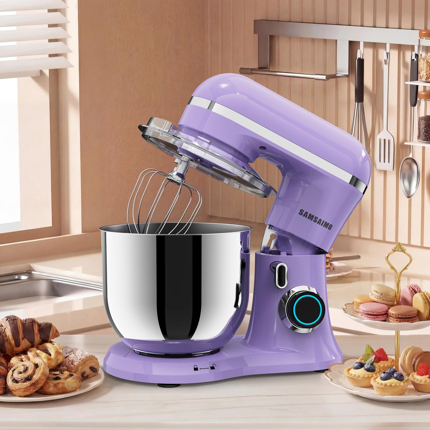 SAMSAIMO 3-IN-1 Electric Stand Mixer, 10-Speed With Pulse Button, Attachments include 6.5QT Bowl, Dough Hook, Beater, Whisk for Most Home Cooks (Purple)