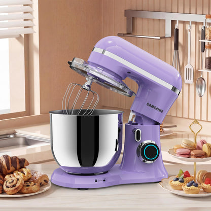 SAMSAIMO 3-IN-1 Electric Stand Mixer, 10-Speed With Pulse Button, Attachments include 6.5QT Bowl, Dough Hook, Beater, Whisk for Most Home Cooks (Purple)