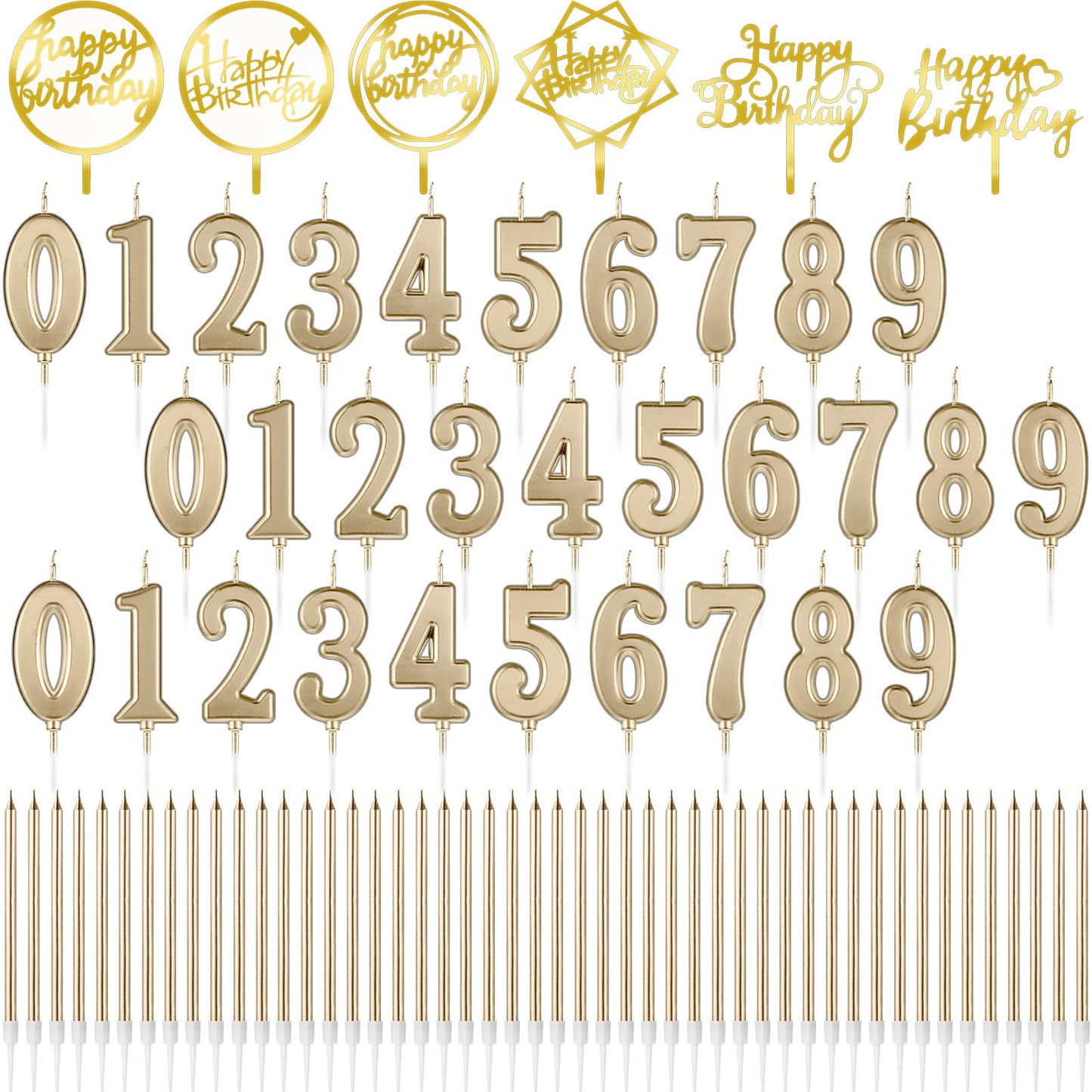 Shihanee 84 Pcs Birthday Cake Toppers Decorations Long Thin Metallic Birthday Candles Bulk Number Candles 0-9 DIY Cake Decor for Wedding Anniversary Party(Champagne)