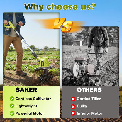 Saker 22V Cordless Electric Garden Tiller Cultivator, Lightweight Rototiller for Gardening, 9-Inch Tilling Width, 6.3-Inch Depth for Soil Preparation, Weeding, and Gardening 2 Batteries SK-TC18B
