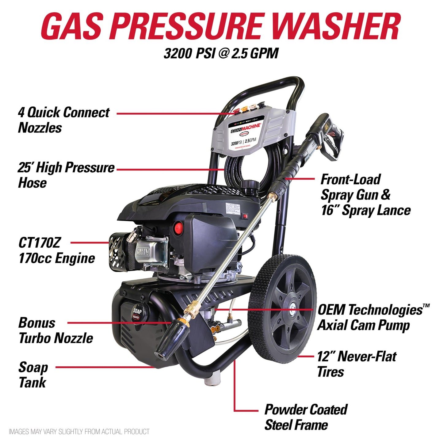Simpson Cleaning 3200 PSI Gas Pressure Washer, 2.5 GPM Residential Power Washer with Soap Tank and Turbo Nozzle, 25' Hose, Clean Machine, 49-State (CM61456)
