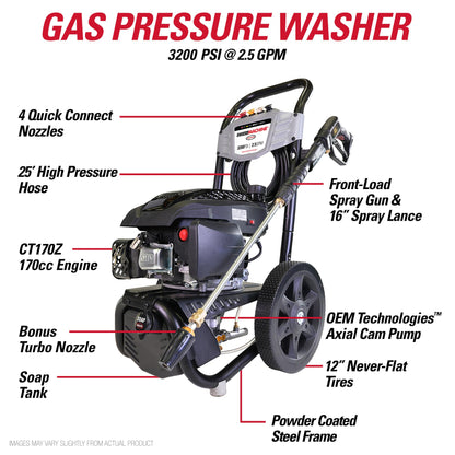 Simpson Cleaning 3200 PSI Gas Pressure Washer, 2.5 GPM Residential Power Washer with Soap Tank and Turbo Nozzle, 25' Hose, Clean Machine, 49-State (CM61456)