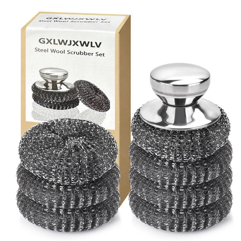 7PCS Steel Wool Scrubber Pads, Stainless Steel Scrubber Set with 1PCS Handle, Metal Scrubbers for Cleaning Kitchen and Household, Dishes, Stoves, Grill, Wash Sink, Pots