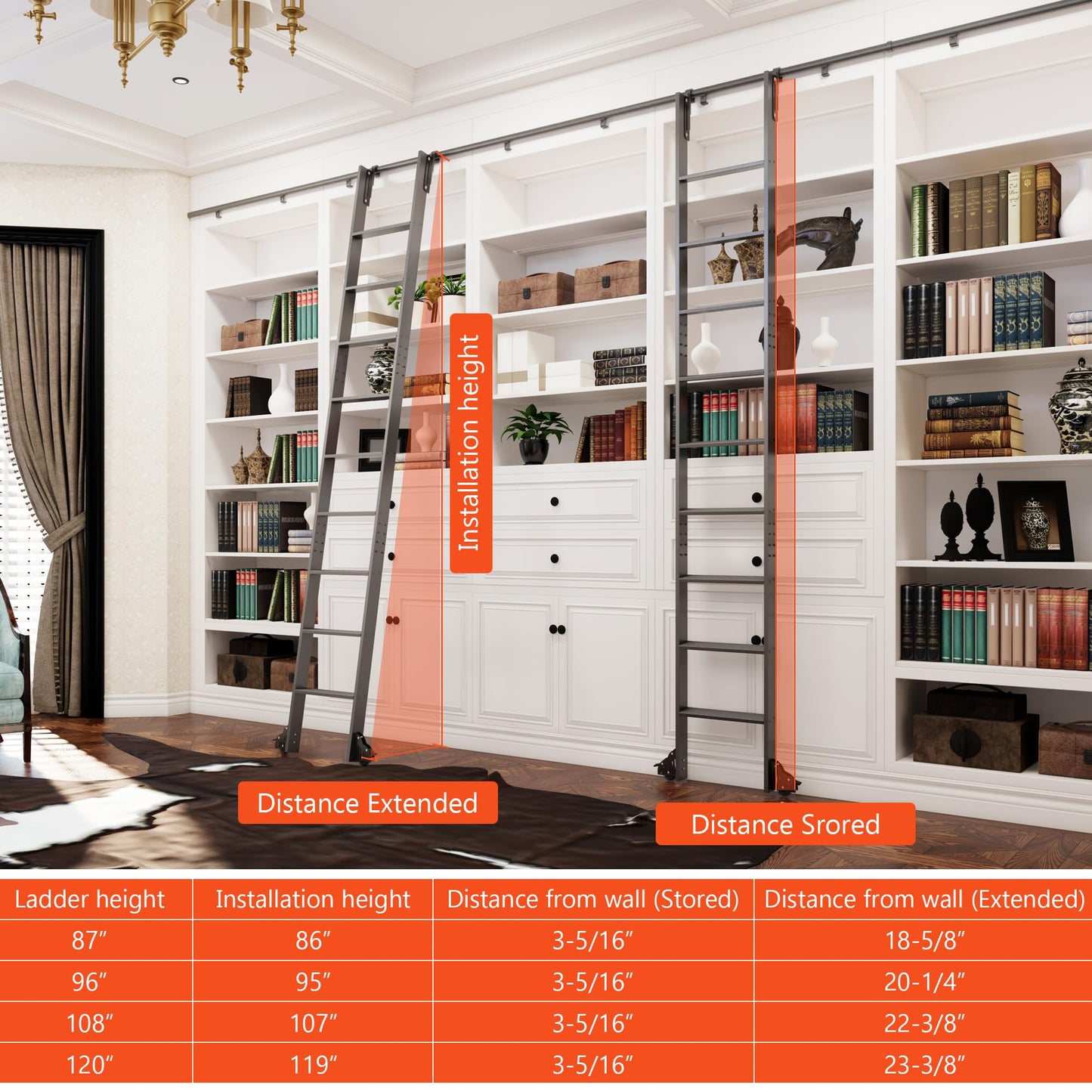87" Sliding Library Ladder, Black +12FT Rolling Track Kit