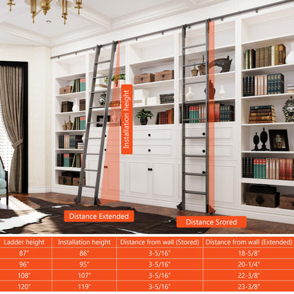 87" Sliding Library Ladder, Black +12FT Rolling Track Kit