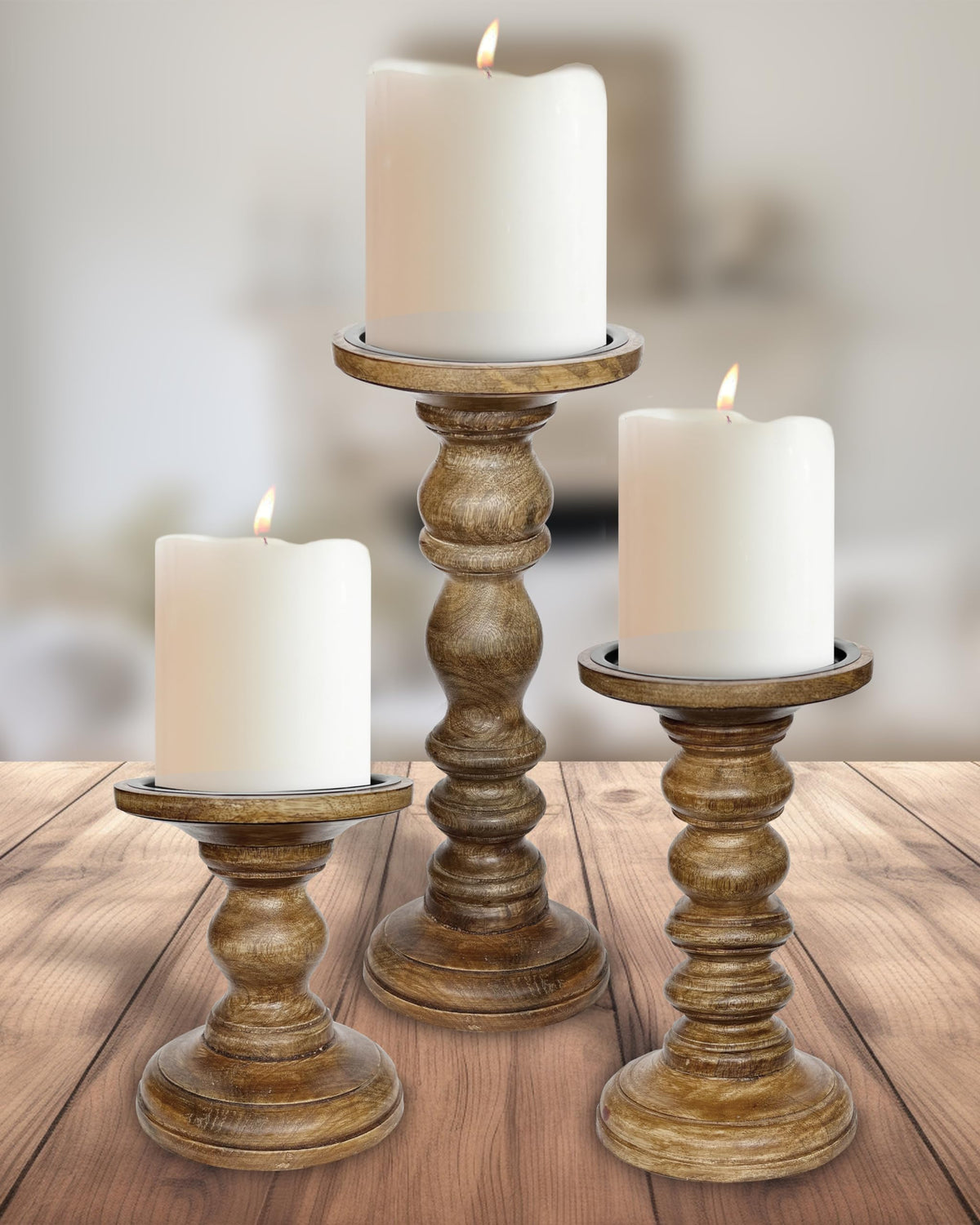 My Fancy Farmhouse Large Wood Candle Holders (Set of 3) - Tall Rustic Pillar Candlestick Stands - Fits 4 inch & 3 inch Pillar Candles - Modern Farmhouse Decor (Walnut Brown)