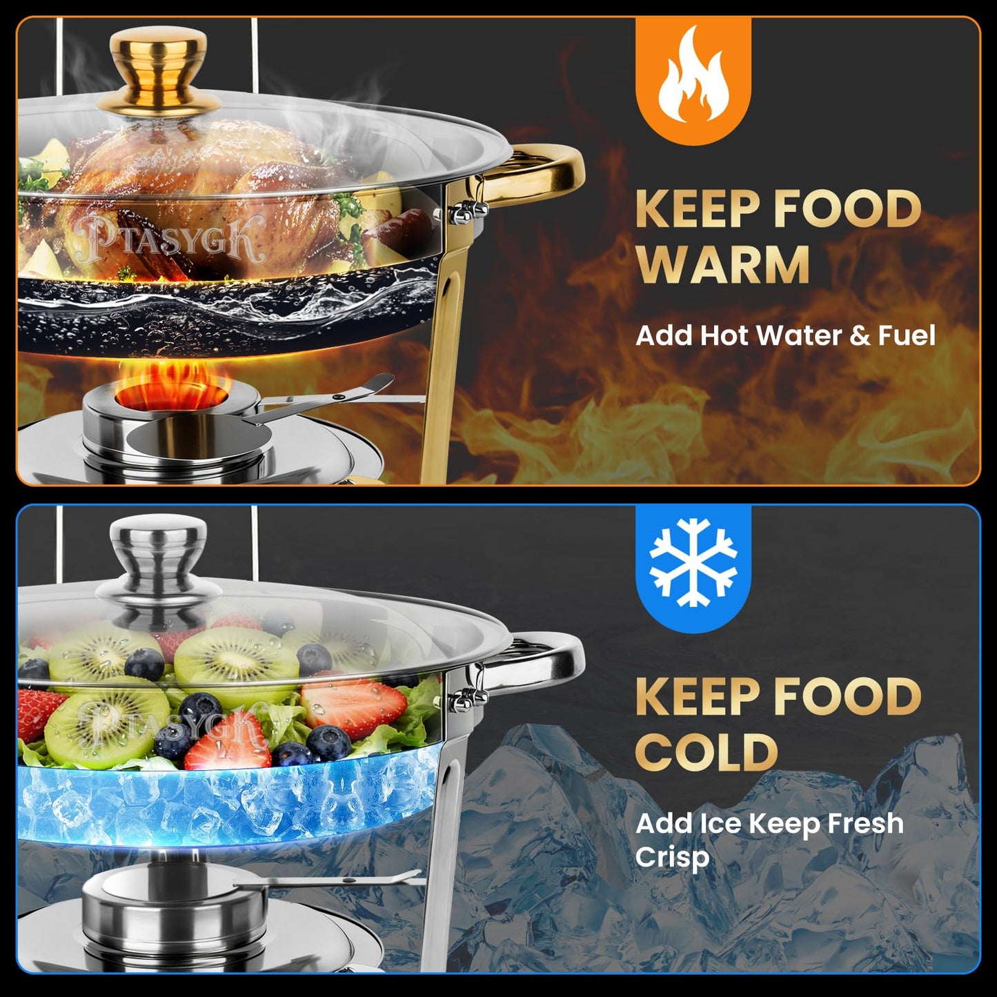 PTASYGK Chafing Dishes for Buffet - 4 Pack 5QT Gold Stainless Steel Round Food Warmer with Stainless Steel Lid, Lid Holder & Stackable Design for Home Parties & Small Catering