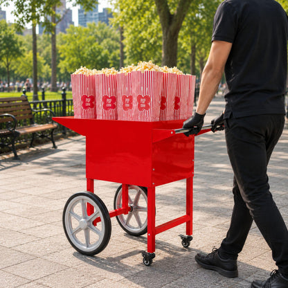 Restaurantware CART ONLY: Hi Tek Popcorn Stand For 8 Ounce Popcorn Maker 1 Red Popcorn Cart - Popcorn Machine Sold Separately 2 Wheels and 2 Locking Casters Stainless Steel Popcorn Popper Stand