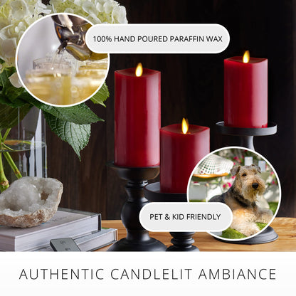 Luminara Flameless Flickering Melted Edge Set of 3 Candles, Battery Operated & Timer Function, Remote Included, Unscented Paraffin Burgundy Wax LED Light Pillar, Christmas Holiday Décor
