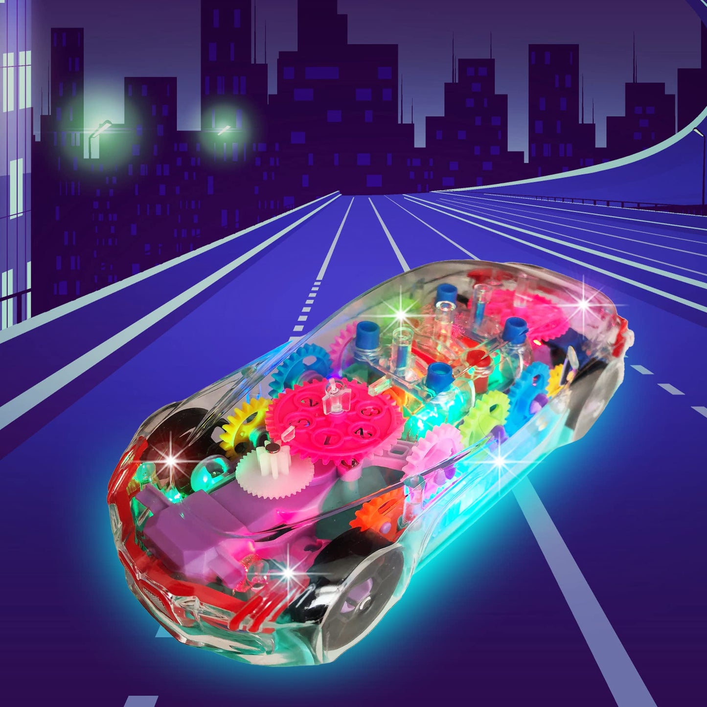 ArtCreativity Light Up Transparent Sensory Car Toy for Kids, 1PC, Bump and Go Toy Car with Colorful Moving Gears, Music, and LED Effects, Easter Toys for Toddlers, Great Birthday Gift Idea