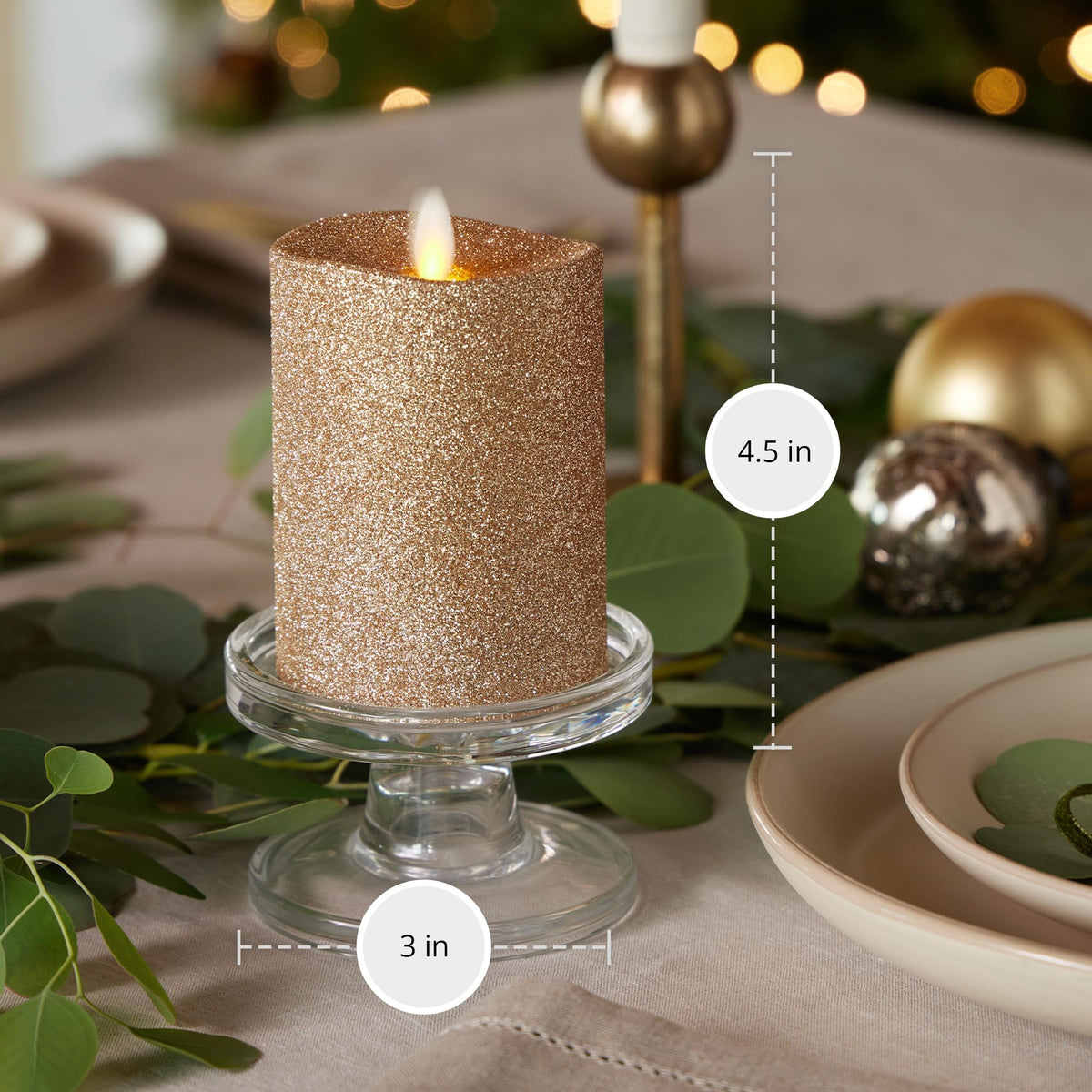 Luminara Realistic LED Moving Flame Pillar Candle, Gold Metallic Glitter, 3" x 4.5" Inch, Battery Operated w/Remote, Indoor Outdoor, Timer Function