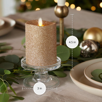 Luminara Realistic LED Moving Flame Pillar Candle, Gold Metallic Glitter, 3" x 4.5" Inch, Battery Operated w/Remote, Indoor Outdoor, Timer Function