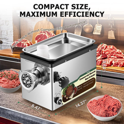 Huanyu Electric Meat Grinder 1100W Stainless Steel Meat Grinder Heavy Duty with 2 Blades 4 Plates Commercial Grinders for Restaurants, Butcher Shops 110V 1.5HP