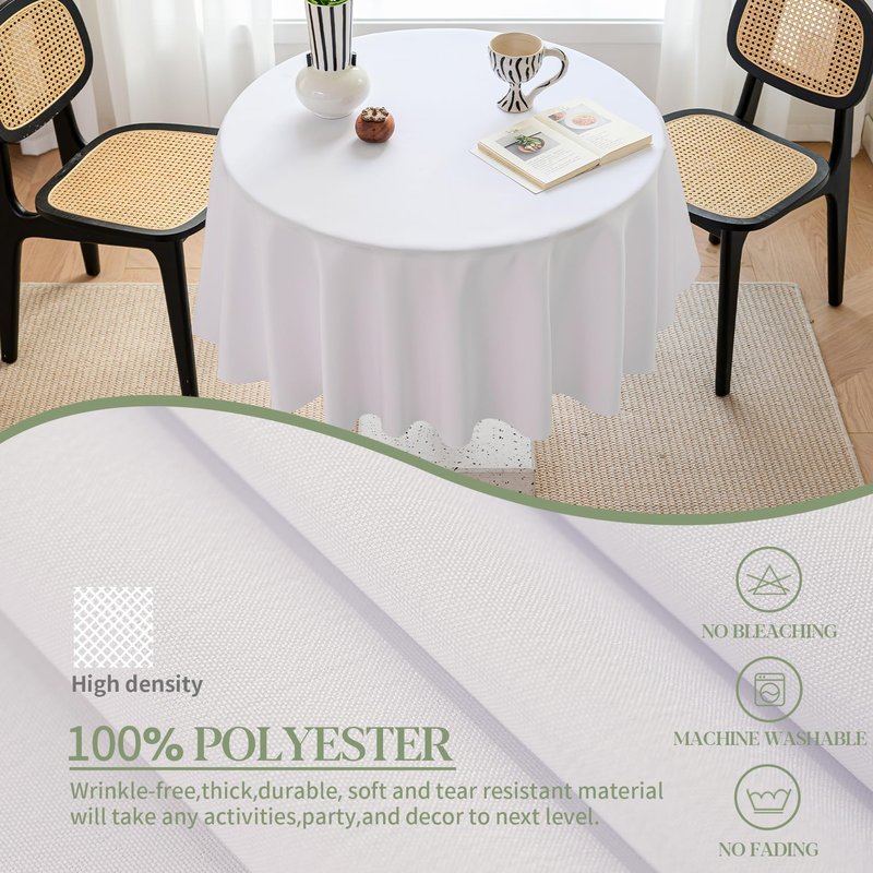 BYDOLL Table Cloth Round 48 Inch Tablecloth Fits Max38 Inch Diameter Top,White Washable Outdoor Winkle and Stain Resistant Spillproof Polyester Tablecloths for Round Tables Party Cover