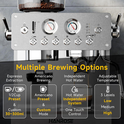 HANROSE Espresso Machine with Grinder, 20Bar Espresso Machine Stainless Steel, Coffee Machine with Milk Frother for Latte/Cappuccino, Adjustable Temperature, Independent Hot Water & Americano Function