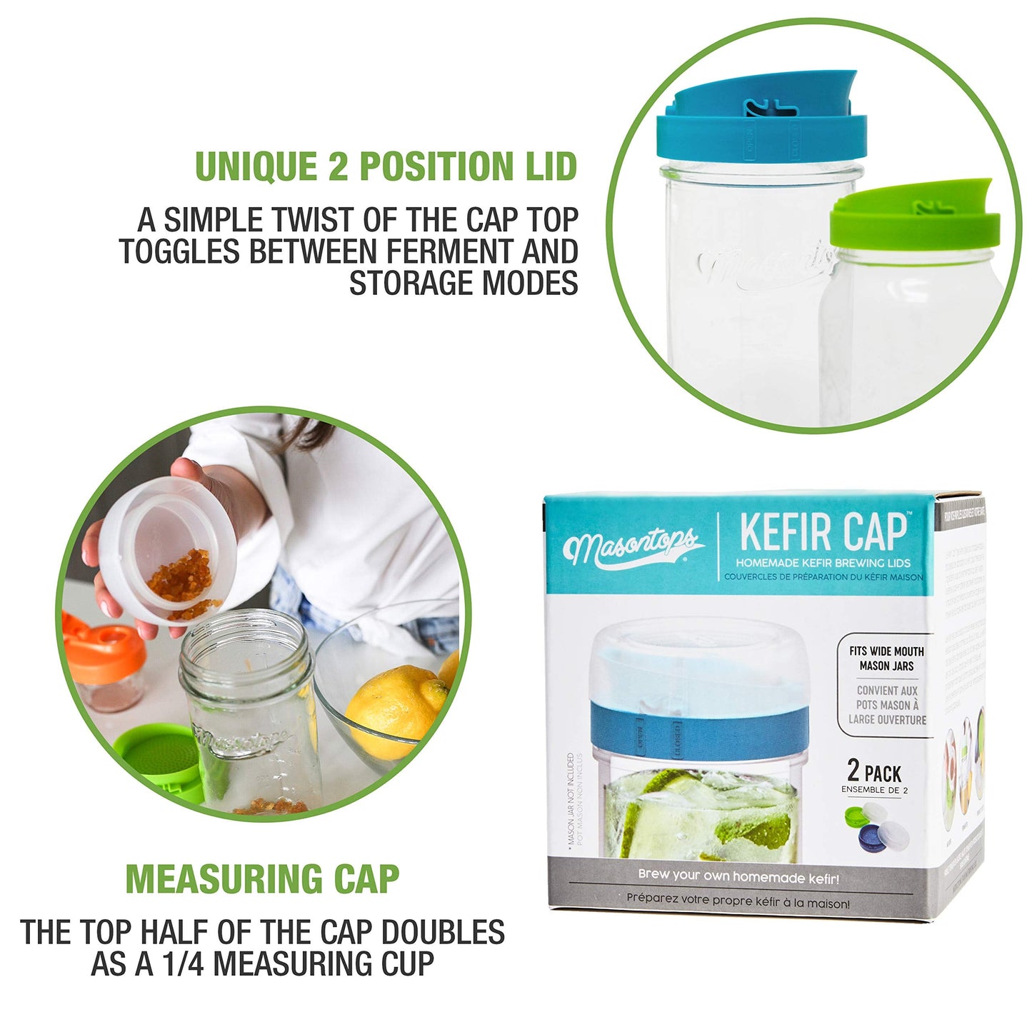 Masontops kefir lid mason jar lids wide mouth mason jar lids living culture grain drainer starter kit for home fermentation 2 packs
