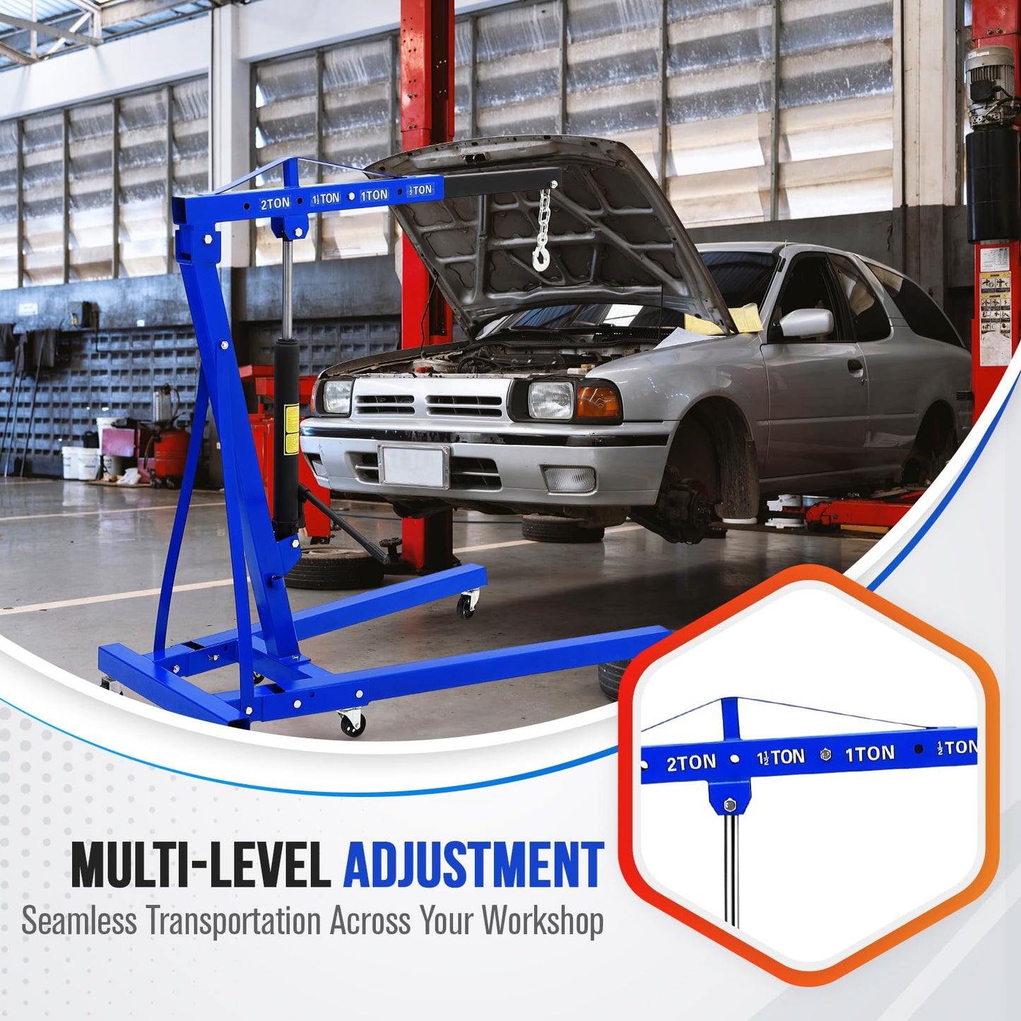 2 Ton Folding Hydraulic Engine Hoist - Cherry Picker Shop Crane, 4400 Lbs Hydraulic Engine Lift with Telescopic Boom, 6 Casters for Garage, Workshop, Auto-Repair, Heavy Duty, Easy Mobility, Blue