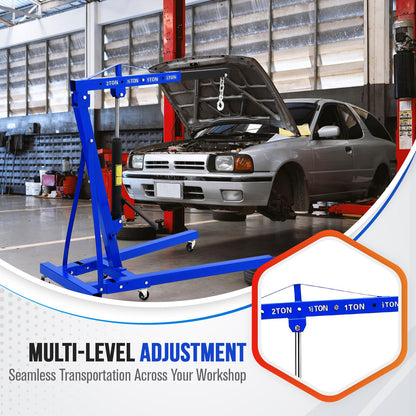 Hydraulic Engine Hoist with Lever 2 Ton (4400LB), Heavy Duty Folding Shop Crane w/ 6 Swivel Casters & Telescopic Boom, Adjustable Lifting for Engines, Transmissions | Garage, Workshop, Factory, Blue