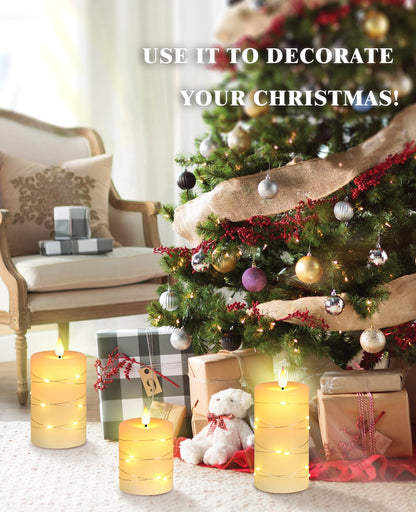Upinmz Flickering Flameless Candles with Embedded String Lights, Battery Operated Candles with Remote Control and Timer,LED Candles for Home Decoration,Real Wax,3 Pack Ivory