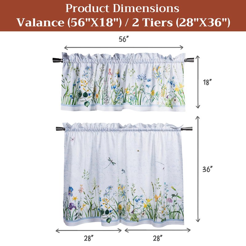 Maison d' Hermine Kitchen Curtain Set for Windows 100% Cotton Set of Kitchen Curtain Valance for Home [2 Tier (28"X36") and 1 Valance (56"X18")] Café Gifts for Mothers Day (Fleurs De Mai)