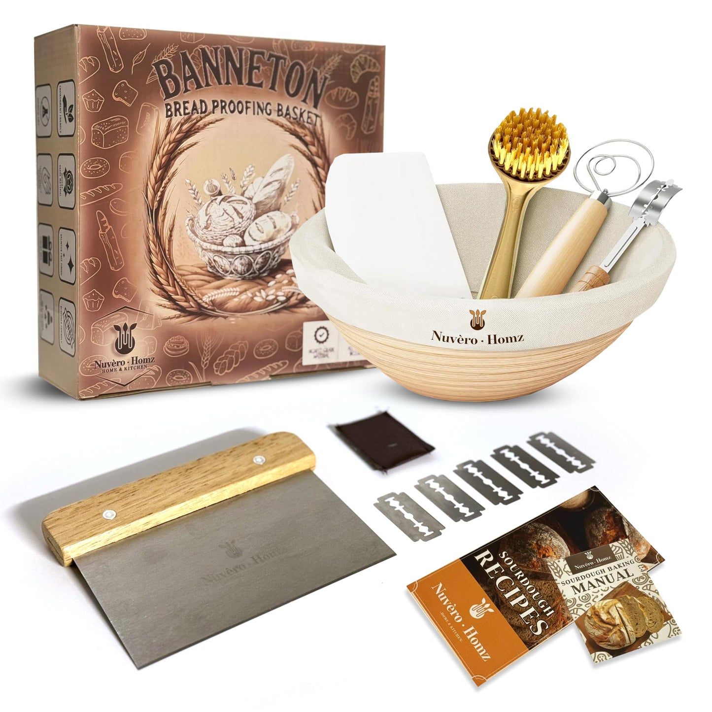 Nuvèro·Homz Sourdough Bread Baking Supplies, Banneton Bread Proofing Basket 9 Inch Round Sourdough Kit with Tools & Supplies, Proofing Baskets for Sourdough Bread Baking - Ideal Gift Set for Bakers