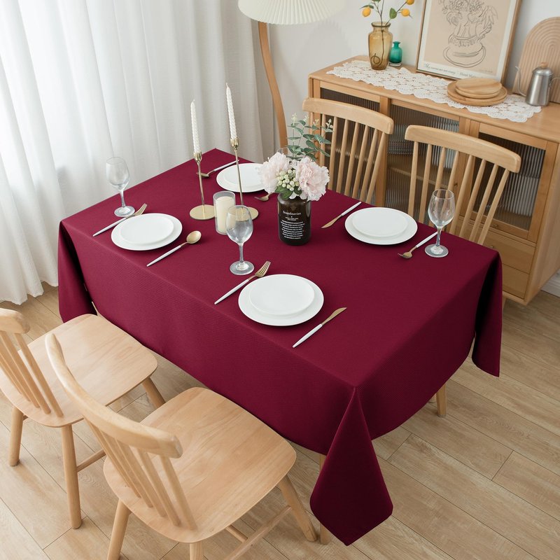 Biscaynebay Textured Fabric Christmas Rectangle Table Cloth 90x156 Inch, Burgundy Water Resistant Tablecloths for Dining, Kitchen, Wedding, Parties etc. Machine Washable