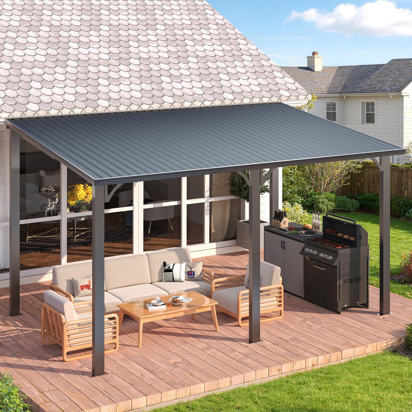 AECOJOY 14' x 8' Outdoor Hardtop Metal Gazebo for Patio, Large Lean to 8x14 Galvanized Steel Wall Mounted Pergolas and Grill Gazebos Clearance, Patio Roof Heavy Duty Awnings for Backyard, Decks