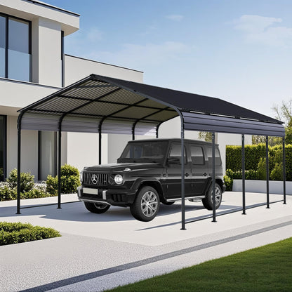 ANTSKU 12x20 Ft Metal Carport, Heavy Duty Car Port with Galvanized Steel Roof and Enhanced Base, Outdoor Car Garage, Large Carport Canopy, Steel Car Shelter for Car, Boats and Truck, Dark Gray