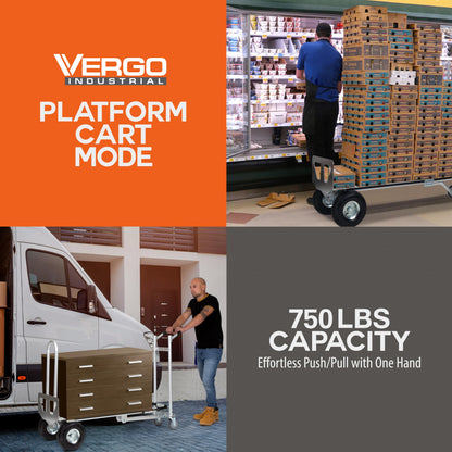 Vergo Industrial Convertible Hand Truck - AS7A2 Heavy Duty Aluminum 3 in 1 Dolly (750 lb Capacity) Lightweight Frame, Ergonomic Handle, Extendable Loop, Versatile Moving Dolly (3 Positions 53" High)