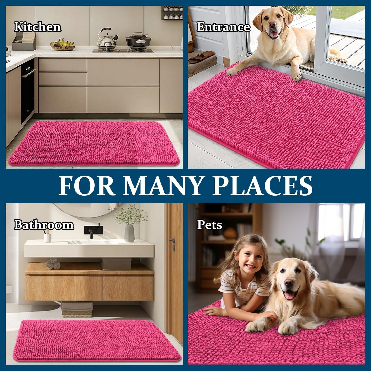 OLANLY Dog Door Mat - Absorbent Non-Slip Mud Mat for Dogs | Quick Dry Chenille, 50x30, Hot Pink