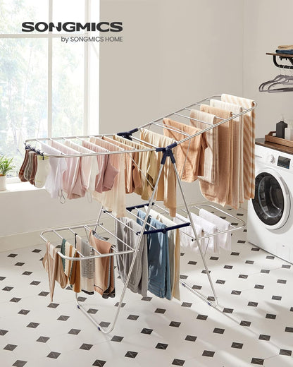 SONGMICS Foldable Clothes Drying Rack - 2-Level Laundry Airer with Adjustable Wings & 33 Rails | Silver & Blue