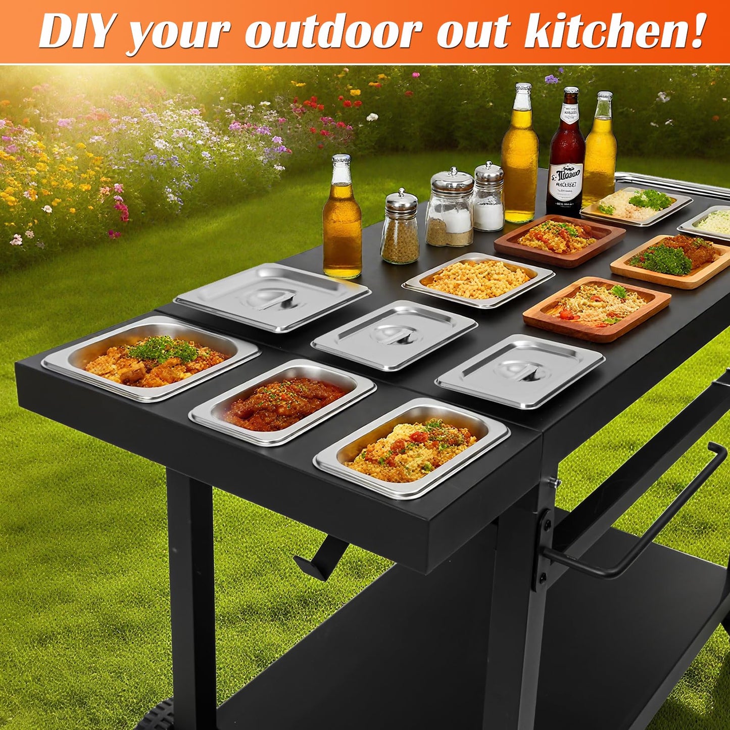 Wanchao Black Cast Iron 2-Shelf Grill Cart with Wheels,Heavy Duty Pizza Oven Stand for Blackstone Ninja,Outdoor Cooking Station with Durable Tabletop