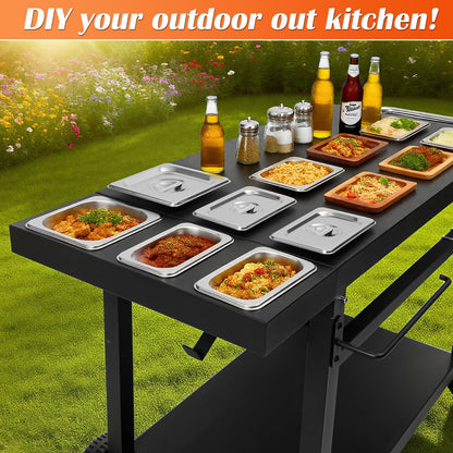 Wanchao Black Cast Iron 2-Shelf Grill Cart with Wheels,Heavy Duty Pizza Oven Stand for Blackstone Ninja,Outdoor Cooking Station with Durable Tabletop