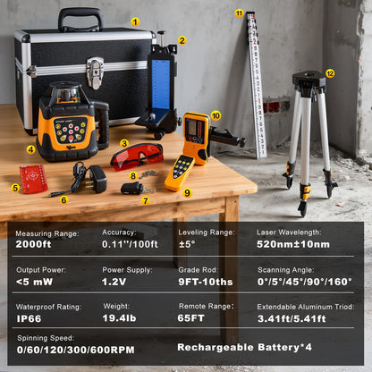 Red Rotary Laser Level 2000ft, 360 Degree Self Leveling Laser Level Kit with Receiver Remote Control and Surveying Tripod 16.4ft Staff, 5 Rotation Speeds& 4 Angles Adjustment,IP66 Waterproof.
