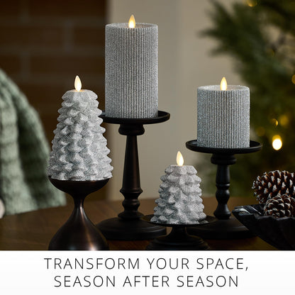 Luminara Brilliant Silver Glitter Ribbed Flameless LED Candle Moving Flame Pillar, Real Wax, Flat Top, Timer (3.25" x 4.5")